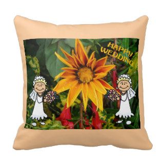 Happy wedding, bridesmaids and flowers pillows