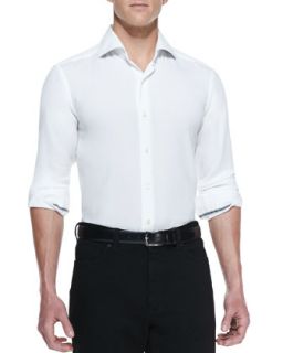 Mens Solid Pique Long Sleeve Shirt, White   Ermenegildo Zegna   White (LARGE)