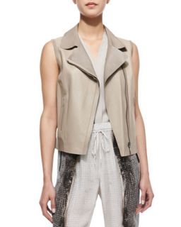 Womens Katie Sleeveless Moto Style Faux Leather Vest, Burlap/Sandstone   Elie