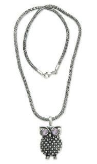 Amethyst pendant necklace, 'Sukawati Owl' Jewelry