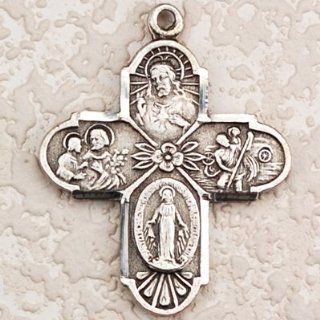 Religious & Catholic Necklace, Men or Womens, Antique Design, Deluxe Satin Silver Finished Pewter Pendant, 4 way Medal, St. Mary, Jesus, St. Joseph & St. Christopher with 20" Chain. The Four Way Medal Most Simply Put, the 4 Way Medal Is a Meda