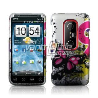 HTC EVO 3D (Sprint)   White/Pink Abstract Butterfly Design Hard 2 Pc Case Cover Cell Phones & Accessories