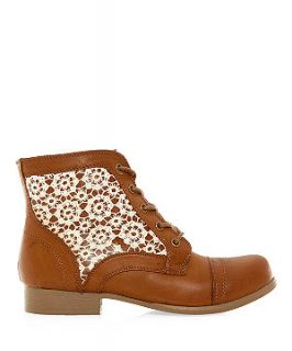 Tan Crochet Panel Lace Up Boots