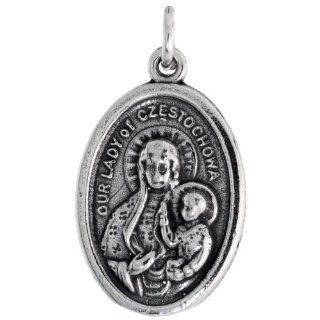 Sterling Silver Our Lady of Czestochowa / Joannes Paulus II Oval shaped Medal Pendant, 7/8 inch (23 mm) tall Jewelry