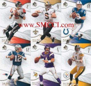 2009 SP Authentic Football Series 100 Card Complete Mint Basic Hand Collated Set. Loaded with Stars Including Adrian Peterson, Tony Romo, Reggie Bush, Ben Roethlisberger, Brett Favre (Shown in a Vikings Jersey), Carson Palmer, Peyton Manning, Randy Moss, T