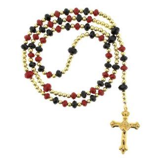 Gold Plated Rosary Styled Necklace with 10mm and 8mm Faceted Rondell Beads   Black and Red   30" Necklace   20" Overall Length Jewelry
