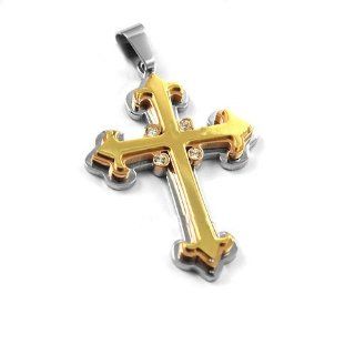 New Stainless Steel 2 Tone Medieval Double Cross Pendant With Cz's & Free Chain   Length 23.6" + UK Shipped Within 24hrs Of Order Placed + Gift Packaging Included Jewelry