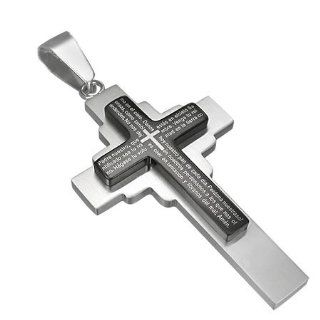 New Stainless Steel 2 Tone The Lords Prayer Double Cross Pendant With Spanish Scripture & Free Chain   Length 23.6" + UK Shipped Within 24hrs Of Order Placed + Gift Packaging Included Jewelry