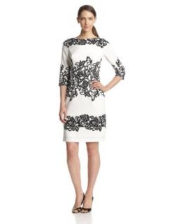 Adrianna Papell Women's 3/4 Sleeve Placed Print Lace Dress