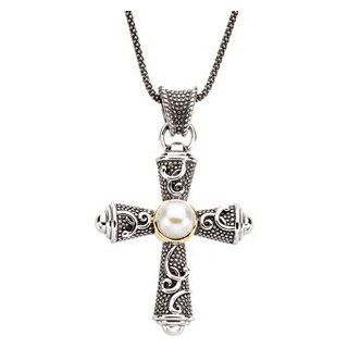 925 Sterling And 14K Yellow Gold And Sterling Silver Freshwater Cult Pearl Cross Pendant W 1 Pendant Necklaces Jewelry