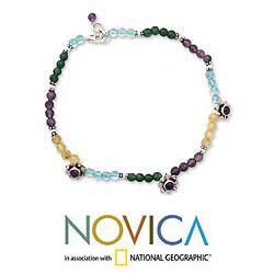 Sterling Silver 'Purple Crocus' Amethyst Peridot Anklet (India) Novica Anklets