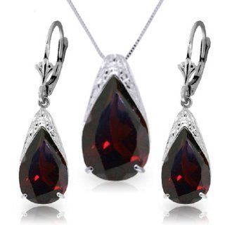 14k 24" White Gold Garnet Drop Necklace and Earrings Set Jewelry