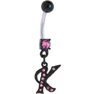 Black Anodized Pink Jeweled Initial Belly Ring Letter K Belly Button Piercing Rings Jewelry