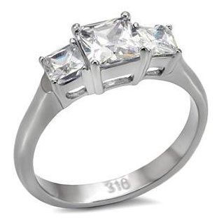Stainless Steel Square Princess Cubic Zirconia Past Present & Future Ring Jewelry