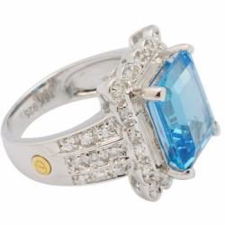 De Buman 18K Gold and Silver Blue Rectangle Topaz and Cubic Zirconia Ring Gemstone Rings