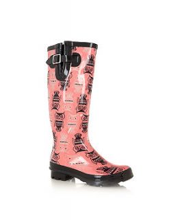 Coral and Black Owl Print Wellies