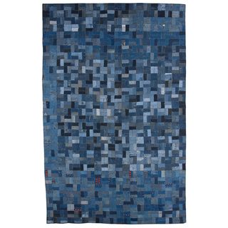 Hand Knotted Abstract Denim Blue Wool Area Rug (5' x 8') JRCPL One Of A Kind