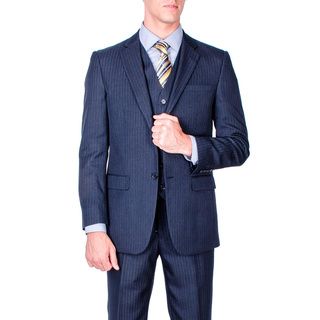 Men's Navy Blue Stripe 2 button Vested Modern fit Suit Blank Suits