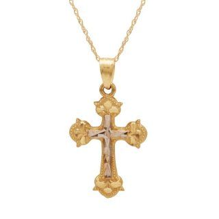 10k Yellow Gold Polished Diamond Cut Cross Pendant Necklace , 18" Jewelry