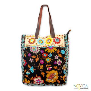 Beaded Cotton 'Faridabad Flowers' Large Tote Handbag (India) Novica Tote Bags