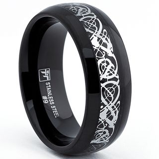 Oliveti Stainless Steel Men's Black Ring with Silver Dragon Inlay Design (8.mm) Oliveti Men's Rings