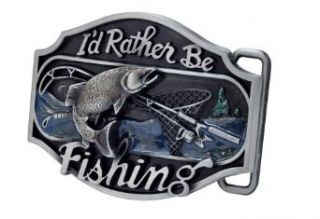 Buckle Rage I'd Rather be Fishing Metal Belt Buckle Redneck Western Sport Bass Silver One Size Clothing