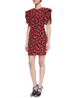 Womens Short Sleeve Fluttering Silk Heart Print Dress   Saint Laurent   Rouge
