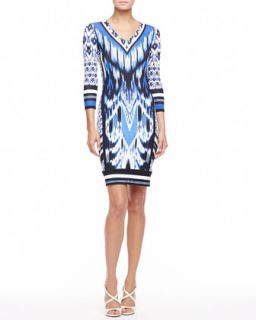 Womens 3/4 Sleeve Ikat Print Jersey Dress, Blue   Roberto Cavalli   Chikan