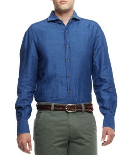 Mens Denim Spread Collar Cotton Linen Shirt   Brunello Cucinelli   Blue (S)