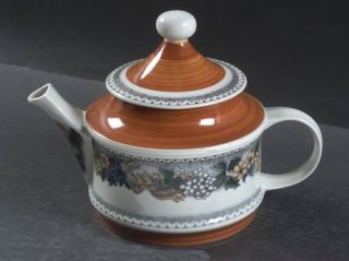 Goebel Burgund Teapot & Lid, Fine China Dinnerware   Country,Rust Rim,Yellow,Blu
