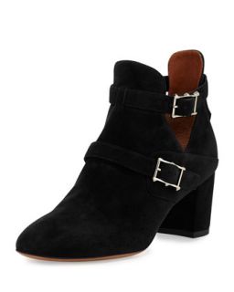 Suede Double Buckle Ankle Boot, Black   Valentino   Black (37.5B/7.5B)