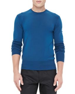 Mens Crewneck Sweater with Ribbed Detail, Blue   Belstaff   Blue (M)