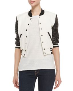Womens Letterman Style Jacket w/ Quilted Sleeves, Cream/Black   Pam & Gela  