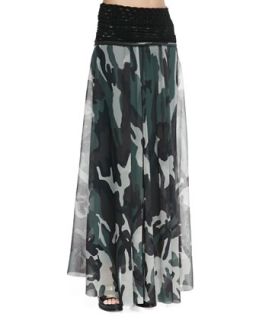Womens Knit Waist Sheer Camouflage Skirt   Jean Paul Gaultier   verde (X SMALL)