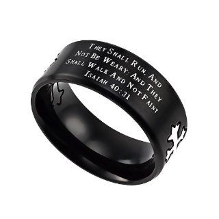 Christian Mens Stainless Steel Abstinence Black "They That Wait Upon The Lord Shall Renew Their Strength; The Shall Mount Up With Wings As Eagle" Isaiah 4031 Cross Comfort Fit Chastity Ring for Boys   Guys Purity Ring Jewelry