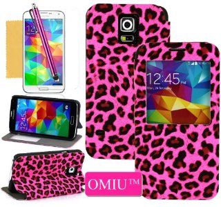 OMIU(TM)Leopard Printed View Style Design PU Leather Cover Folio Case Protector For Samsung Galaxy S5 i9600(Rose Red), Sent Screen Protector+Stylus+Cleaning Cloth