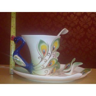 Claybox Hand Crafted Porcelain Enamel Graceful Peacock Tea Coffee Cup Set with Saucer and Spoon, Green Kitchen & Dining
