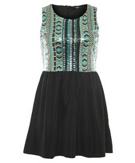 Koko Black and Turquoise Sequin Skater Dress