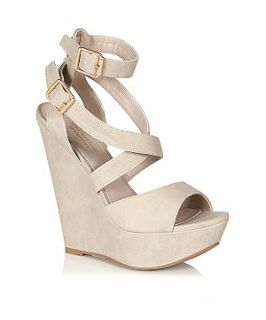 Light Brown Cross Double Buckle Ankle Strap Wedges