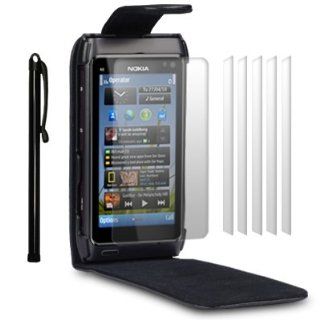 Nokia N8 Premium PU Leather Flip Case with 6 Screen Protectors and 1 Stylus (Black) Cell Phones & Accessories