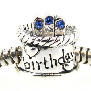 Sterling Silver Birthday Cake Sapphire Blue CZ September Birthstone Bead For European Charm Bracelets Jewelry
