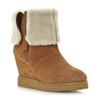 Dune Tan reach faux shearling fold over wedge boots