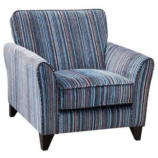 Teal blue striped Fyfield Salsa armchair with dark wood feet