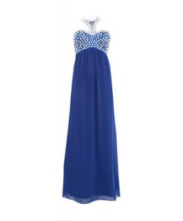 Blue Embellished Halterneck Maxi Prom Dress