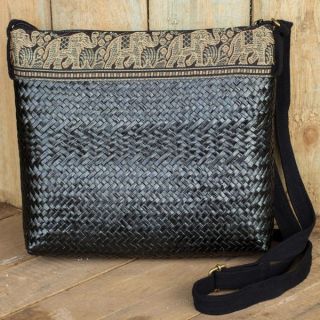 Sedge Cotton Siam Elephants on Black Shoulder Bag (Thailand)