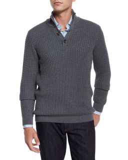 Salvatore Ferragamo Quilted Button Down Vest, Mock Neck Textured Sweater & Small Gancini Print Woven Shirt