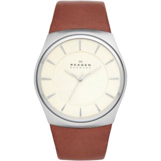 Skagen Mens Ancher SKW6024 Black Leather Quartz Watch with White Dial