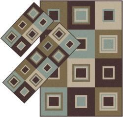 Appealing Brown and Blue Squares Rugs (18 x 26) (110 x 54) (411 x