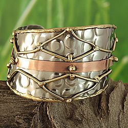 Handcrafted Brass and Copper Mesh Asymmetric Cuff Bracelet (India)