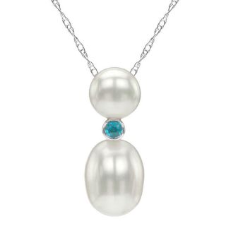 14k White Gold White Freshwater Pearl and Blue Topaz Necklace (7 9 mm)